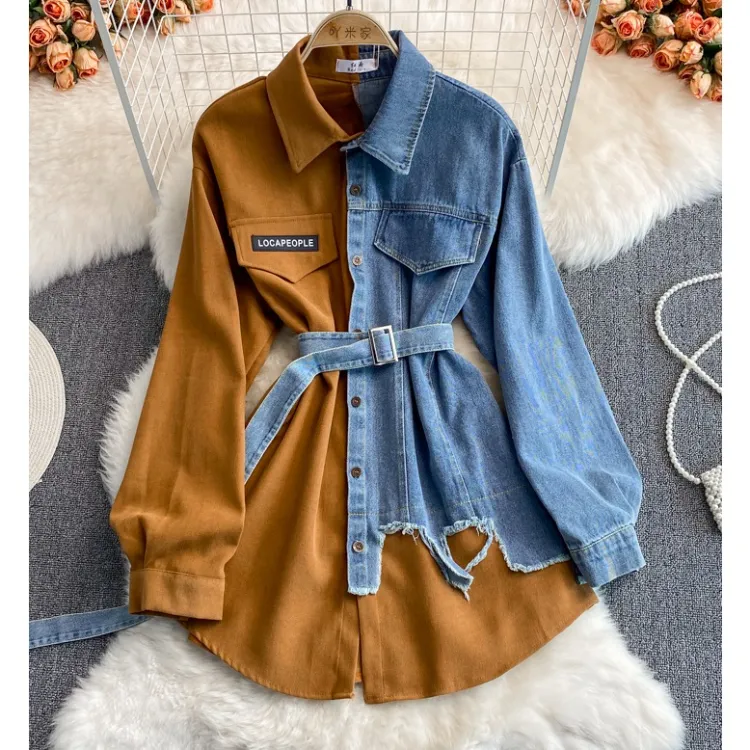 Groothandel Mode Splicing Revers Jurk Nieuwe Koreaanse Stijl Asymmetrische Vrouwen Lange Jeans Denim Top Shirt Dames Blouses