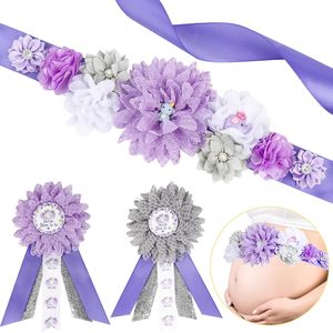 Kit de faja de maternidad para baby shower con diseño de elefante morado y gris, cinturón para el vientre con diseño floral para baby shower y broches de corsage para futuras mamás y futuros papás - Product Image 1