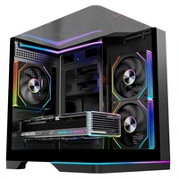 Caja de PC tipo torre con ventiladores ARGB, tira de LED con iluminación inferior, base con triple cristal curvo sin costuras, doble cámara, caja de juegos M-ATX