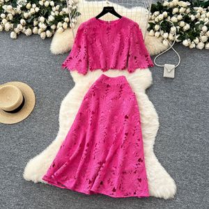 Women's Summer Short Flared Sleeve Shirt High Waist Half-body Skirt Premium Hollow <b>Crochet</b> Lace 2 Piece <b>Set</b> Fashion - Product Image 1