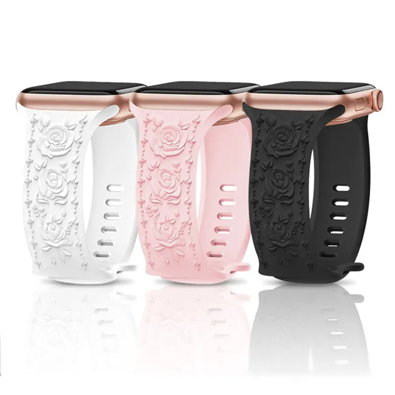 Patrón personalizado Relieve clásico Correa de reloj Rosa Correas de reloj talladas en relieve de silicona para Apple Watch Serie completa