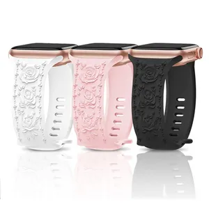 Customized Pattern Classic Relief Rose Watch Strap Silicone Embossed Carved Watch Bands For Apple Watch Full Series