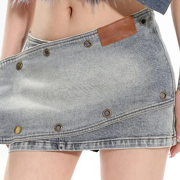 Retro Washed Denim Low Waist Skirt Sexy Club Women Front Large Belt Paneled Zip Up Washed Wrap Mini Skirt