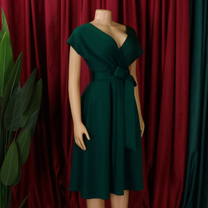 J302015 Nouvel arrivage Robe de bureau sexy à manches courtes et col en V pour femmes Robe de soirée pour femmes africaines à ligne profonde et grande balançoire - Product Image 6