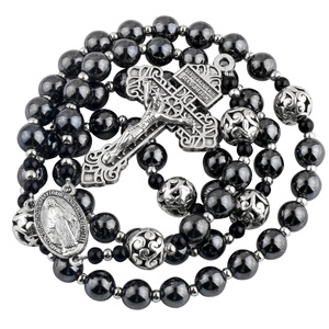 Collier de prière en hématite de 8 mm, chapelet de la Vierge Marie avec pendentif croix de Jésus, bijoux pour hommes - Product Image 2