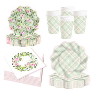 Ensemble de vaisselle sur le thème de la rose verte DAMAI pour fête du thé, anniversaire d'enfants, printemps, assiettes en papier, gobelets, serviettes, ensemble floral à carreaux verts - Product Image 5