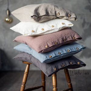 Soft Washed Linen Decorative <b>Pillowcase</b> Button Closure Natural Stonewashed <b>Square</b> Fabric Pattern Queen Bedding Home Seating - Product Image 1