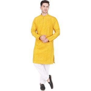 ชุดคุรตะปาจามาปักลายสำหรับผู้ชาย ตราทริโลกิ ผลิตจากโพลีเอสเตอร์ 100% เหมาะสำหรับงานแต่งงาน งานเทศกาลดีวาลี และพุจ - Product Image 1