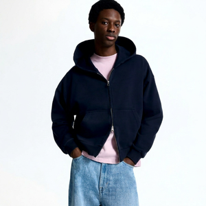Unisex Navy Hooded <b>Zip</b>-Up Sweatshirt Oversized Fit Casual Winter Wear 100% Cotton Fleece Regular Sleeve Letter Print - Product Image 1