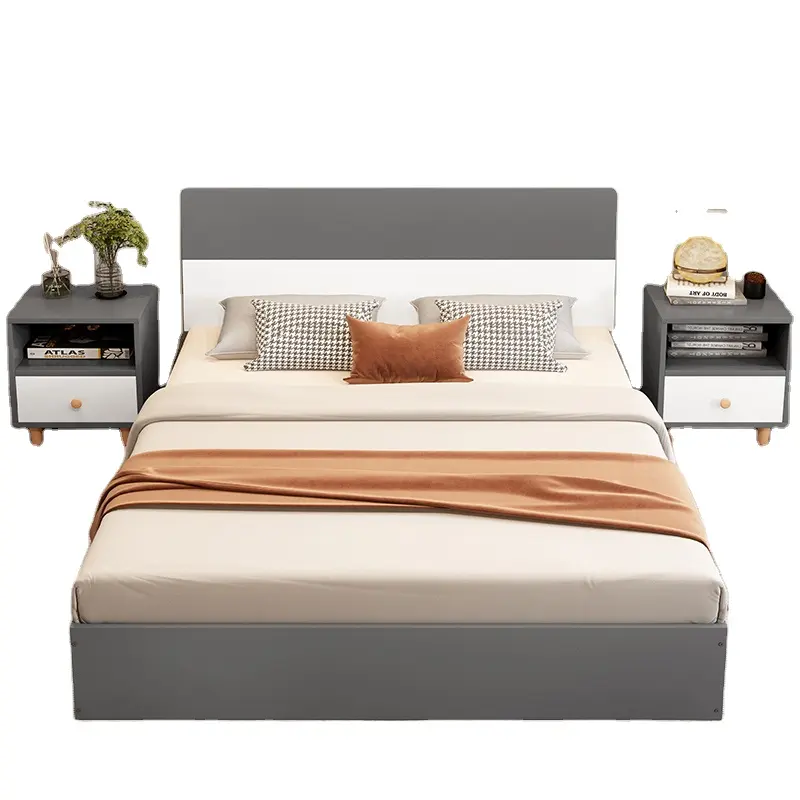 Nordic double bed modern minimalist big bed master bedroom home apartment small apartment high box solid wood bed wholesale