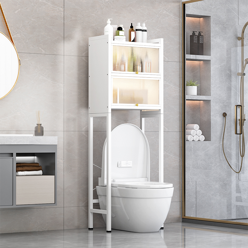 Estante de baño de doble nivel con acabado blanco.