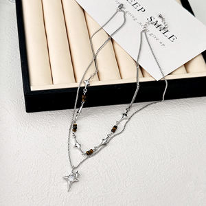 Collana oro platino bianco K rame ciondolo stella doppia catena bianco zircone diamante tigre pietra collana - Product Image 4