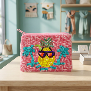 Porte-monnaie personnalisé fait main avec perles, brodé, pochette zippée, motif ananas et palmier, cadeau de voyage tendance, portefeuille - Product Image 1