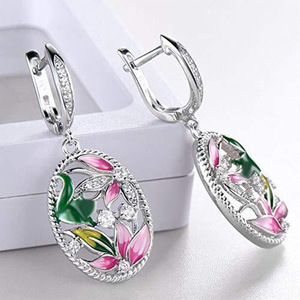 Orecchini pendenti floreali alla francese, eleganti orecchini pendenti ovali smaltati, gioielli romantici di San Valentino per donna - Product Image 4