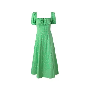 Новинка, модное летнее 2024 платье с пышными рукавами и цветочным кружевом, мятно-зеленое платье с высоким разрезом, женское Повседневное платье в стиле ретро, 101