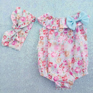 Drop Shipper Colorful <b>Headbands</b> and Print <b>Baby</b> Rompers Two Piece Clothing Sets - Product Image 1