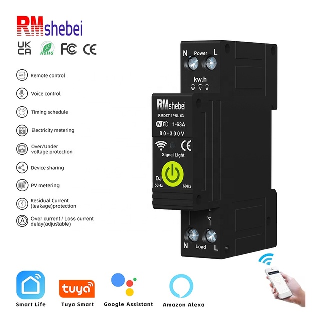 RMshebei 2p63a230v Tuya Wifi Smart Energy Power kwh Meter Earth Leakage Over Under Voltage Protector Relay Device Switch Breaker