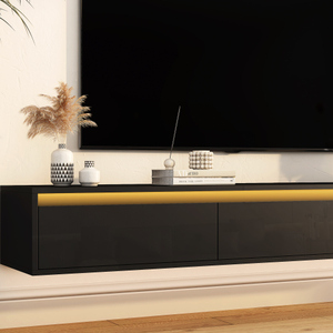 Meuble TV flottant sur pied avec éclairage LED, prise de courant, bois noir brillant, rangement réglable pour téléviseurs jusqu'à 65 pouces, idéal pour salon - Product Image 6