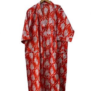 Kimono largo de algodón con estampado de bloques, hecho a mano, estilo bohemio, con cuello en V, para verano y primavera, elegante, de secado rápido, con mangas largas. - Product Image 1