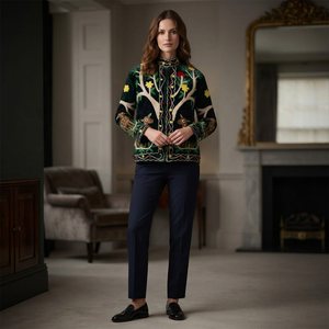 Vintage Embroidered <b>Velvet</b> <b>Jacket</b> <b>Women</b> Stand Collar Button Floral Long Sleeve Coat - Product Image 1