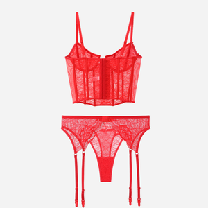 Vente en gros d'usine : Ensemble trois pièces de lingerie sexy pour femme, style demoiselle d'honneur, avec <span class=keywords><strong>porte</strong></span>-jarretelles et dentelle transparente - Product Image 5