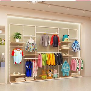 Étagère de présentation pour magasin de vêtements pour enfants, présentoir mural en fer et bois combiné - Product Image 1