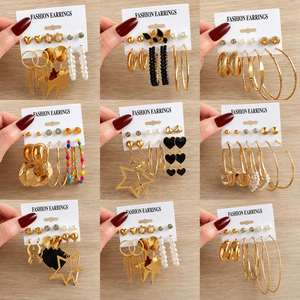 Aretes de Aro con Forma de Flor, Corazón y Estrella, Chapados en Oro, Estilo Punk Retro, para Mujer - Product Image 6