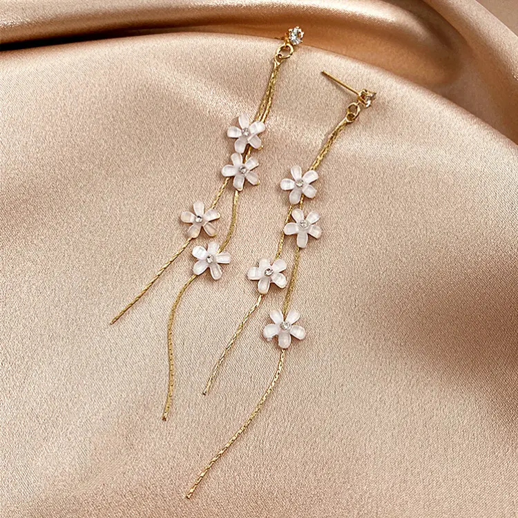 S925 Silver needle Florets Tassel earrings White flowers Long super fairy earrings Petals Net red face thin earrings