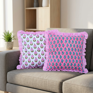 Housses de coussin en coton à volants et motifs floraux, 100% coton, imprimées à la main, style bohème - Product Image 1