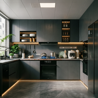 Ensemble d'armoires de cuisine blanches modernes avec intégration de four et bande lumineuse LED à LED intégrée pour la partie inférieure des meubles, idéal pour les cuisines modulaires modernes.