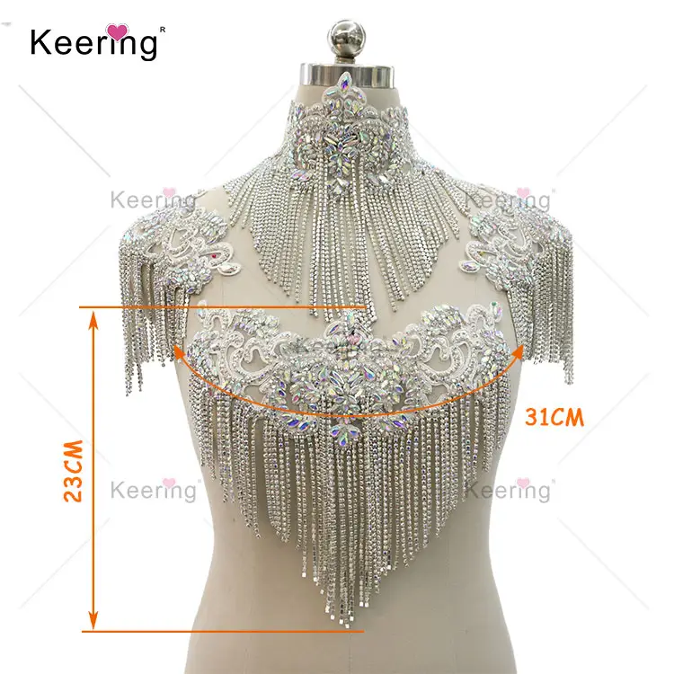 Bling wedding beaded lace appliques decorate on bridal dress shoulders WRA-289