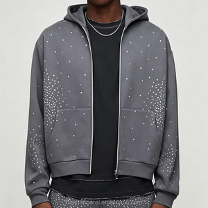 Sudadera con capucha personalizada para <span class=keywords><strong>hombre</strong></span> con cremallera y pedrería, de algodón French Terry de alta calidad, estilo oversize holgado, unisex, para jogging y ropa deportiva. - Product Image 1