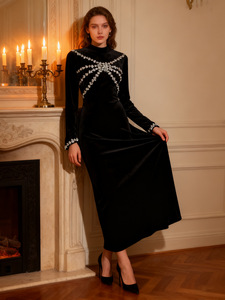 AELESEEN propia fábrica de <span class=keywords><strong>terciopelo</strong></span> elegante vestido acampanado para <span class=keywords><strong>mujer</strong></span> Midi negro Borgoña nuevo estilo industria pesada diseño incrustado de diamantes - Product Image 1