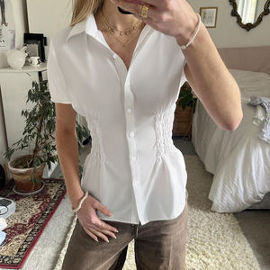 Chemisier Femme Style Académique Couleur Unie Taille Cintrée Manches Courtes Col Blanc Boutonné Coupe Ajustée Décontracté Tenue de Bureau - Product Image 6