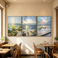 Peinture à l'huile murale 3 panneaux de luxe, peinte à la main, paysage marin, lever de soleil sur la plage, art mural avec cadre personnalisé