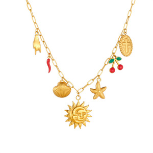 Stainless Steel Necklace With Sun Face Cherry Chili Pepper Starfish Shell Cross Charms Fashion Pendant Jewelry - Product Image 5