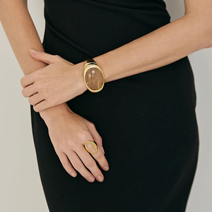 Bold Quá Khổ Đồng Bằng Vàng Bạc Mạ Rộng Mở Cuff Vòng Đeo Tay Lớn Tối Giản Tự Nhiên Khói Thạch Anh Đá <span class=keywords><strong>Bangle</strong></span> Cho Phụ Nữ - Product Image 4