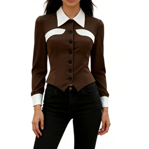 Blusa de Mujer con Bloques de Color en Contraste - Camisa de Manga Larga con Botones al Frente y Dobladillo Asimétrico, Ropa de Mujer a la Moda - Product Image 5