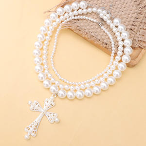 Conjunto de Collar de Perlas Punk Exageradas con Cruz, Estilo Europeo Americano, Multicapa, de Imitación, Joyería de Fiesta para Mujer - Product Image 2