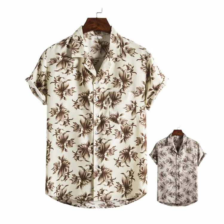 Brown plant pattern print beach men's vintage boho short sleeve custom hawaiian shirt with pockets