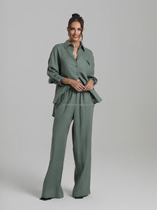 Elegante Set da <span class=keywords><strong>donna</strong></span> Color pelle di <span class=keywords><strong>lino</strong></span> a maniche lunghe camicia tinta unita <span class=keywords><strong>pantaloni</strong></span> <span class=keywords><strong>larghi</strong></span> stile Casual per il pendolarismo di <span class=keywords><strong>lino</strong></span> 100% - Product Image 3