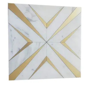 Calacatta, Белая Мраморная Водоструйная мозаика, золотая металлическая латунная инкрустированная плитка