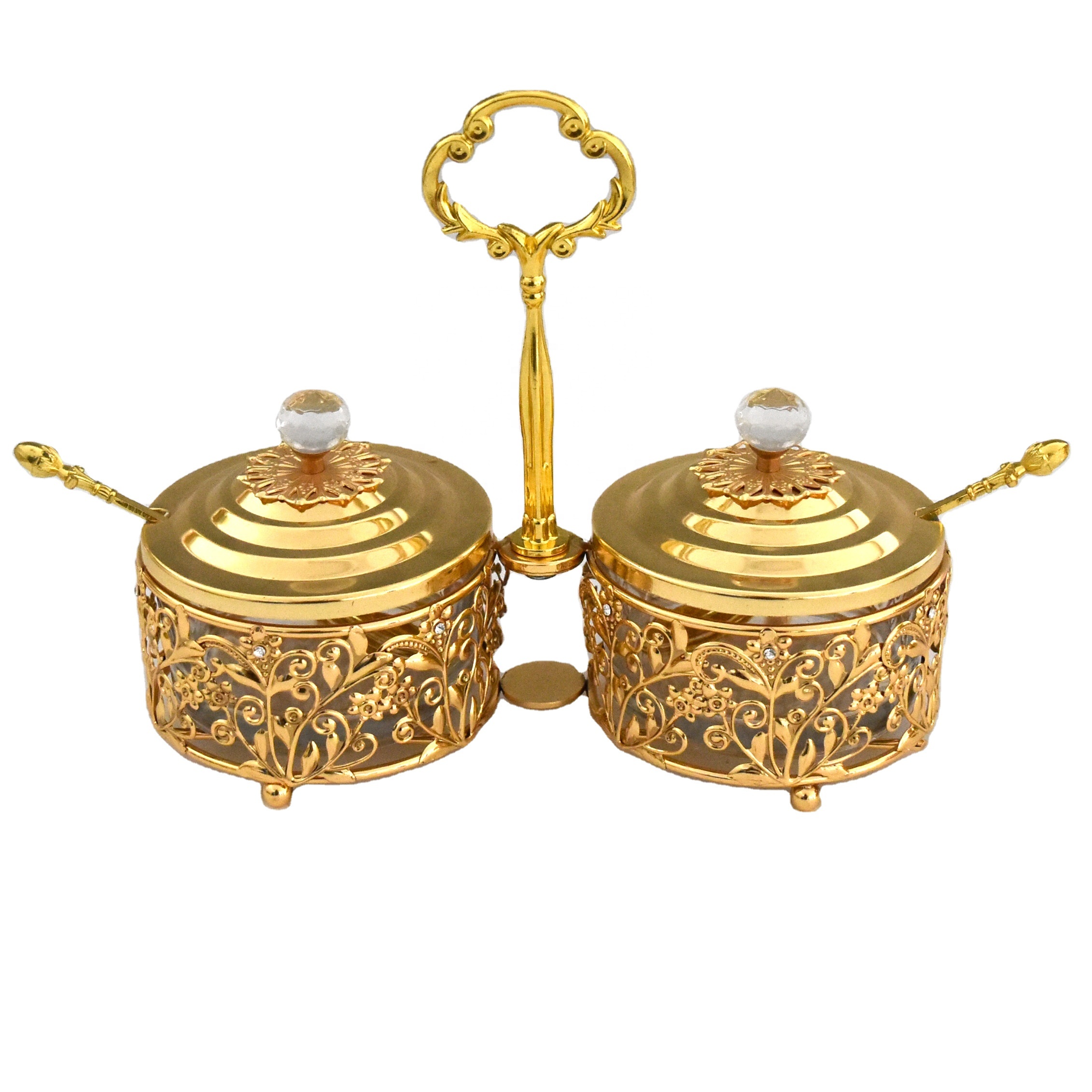 Посуда, роскошная металлическая, золотая, стеклянная, сахарная, специй, подвесная банка с крышкой