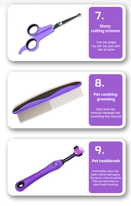 Ensemble de 9 pièces produit de toilettage pour animaux de compagnie sac violet portable et brosse multifonction chien chat enlèvement des ongles nettoyage des cheveux usage domestique - Product Image 5
