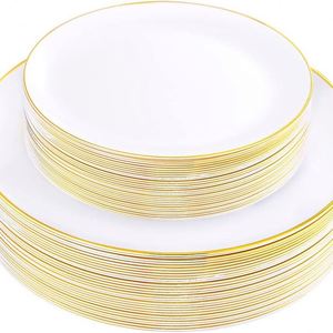 Assiettes jetables en plastique blanc et vert écologiques de 10,25 pouces et 7,5 pouces avec bord doré - Style moderne et luxueux pour les fêtes de Noël - Product Image 6