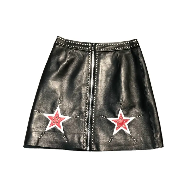 Faldas de cuero auténtico ajustadas para chicas, minifaldas de diseño bonito, decoración de estrellas, color negro, precio barato