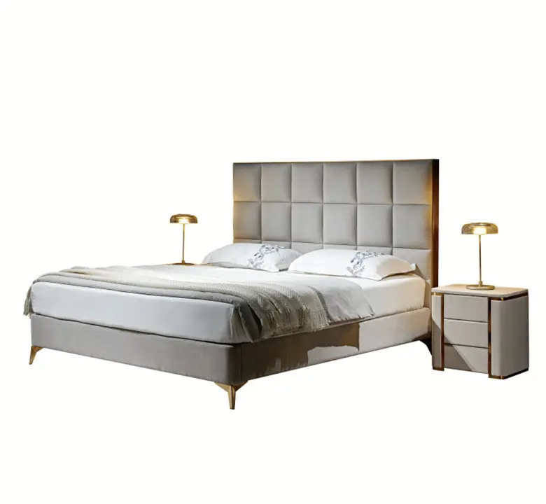 Leichte Luxus Bett möbel King Size Fabrik Großhandels preis High Head Board Design moderne Hotel Doppelbett Set