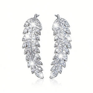 Orecchini a Perno E123 con Piuma, Oro Bianco, Cristalli e Strass, Montatura a Castone, Classici da Donna per Uso Quotidiano - Product Image 6