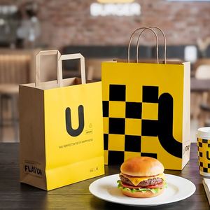 Sacs en papier kraft personnalisés, écologiques, jetables et recyclables pour emballages de restauration rapide (burgers, frites) à emporter avec poignée - Product Image 3
