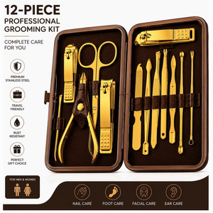 TEEJAY Kit de soin des ongles professionnel en acier inoxydable 12 pièces, étui de voyage, coupe-ongles 3-en-1, manucure et pédicure luxueux et portable - Product Image 1